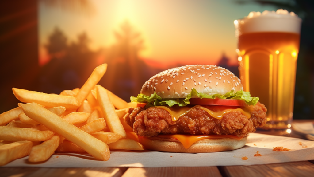 Fried cheese chicken sandwich with beer and french fries